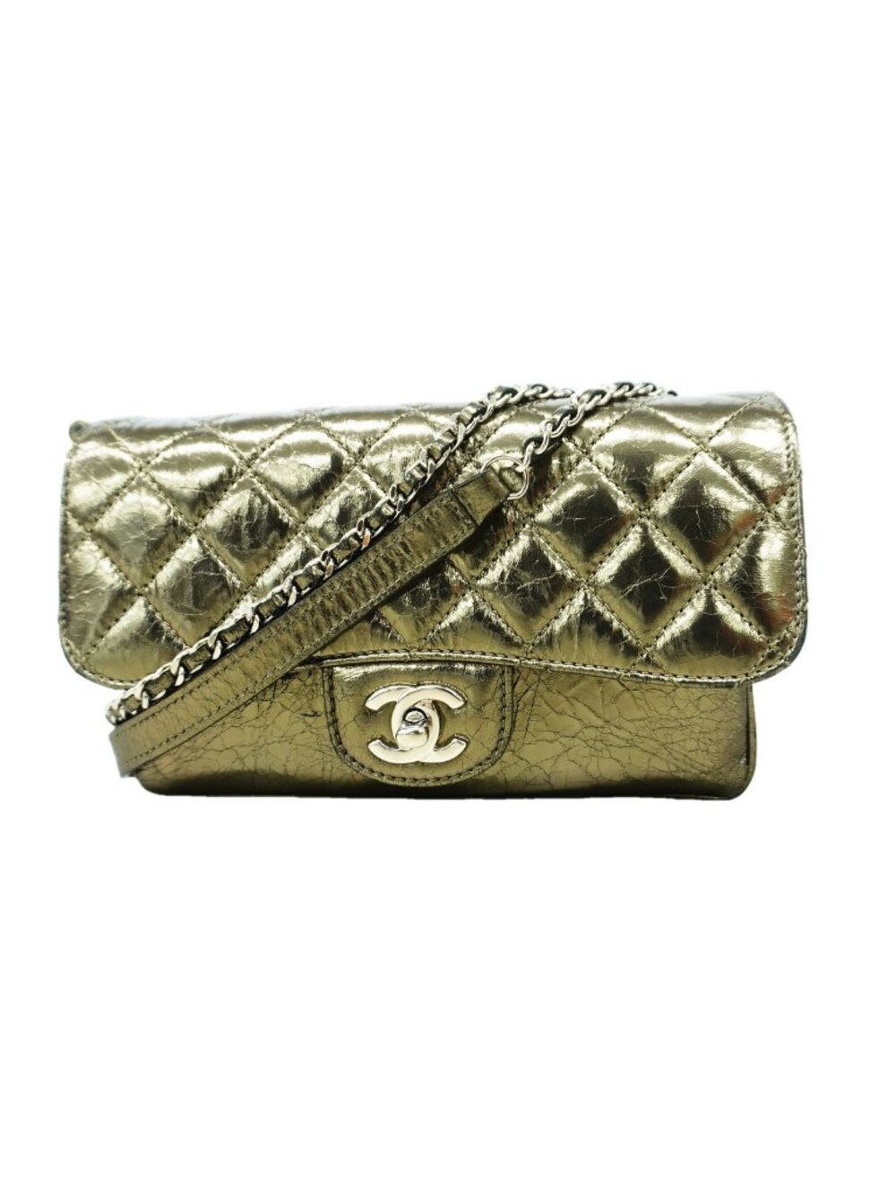 Chanel Shoulder Bag Quilted Leather Champagne Gold Silver